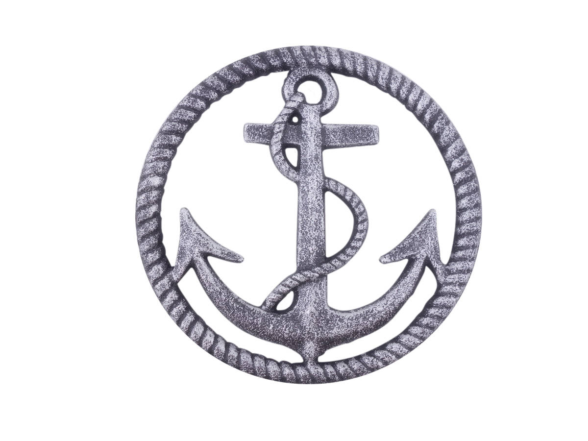 k-0949-silver 7 x 1 x 7 in. Rustic Silver Cast Iron Anchor & Rope Nautical Kitchen Trivet