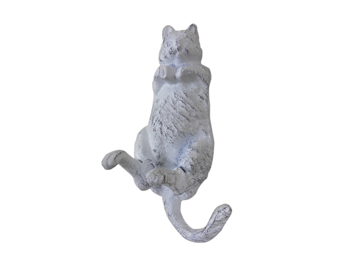 6 x 2 x 2 in. Whitewashed Cast Iron Happy Fat Cat Decorative Metal Wall Hooks