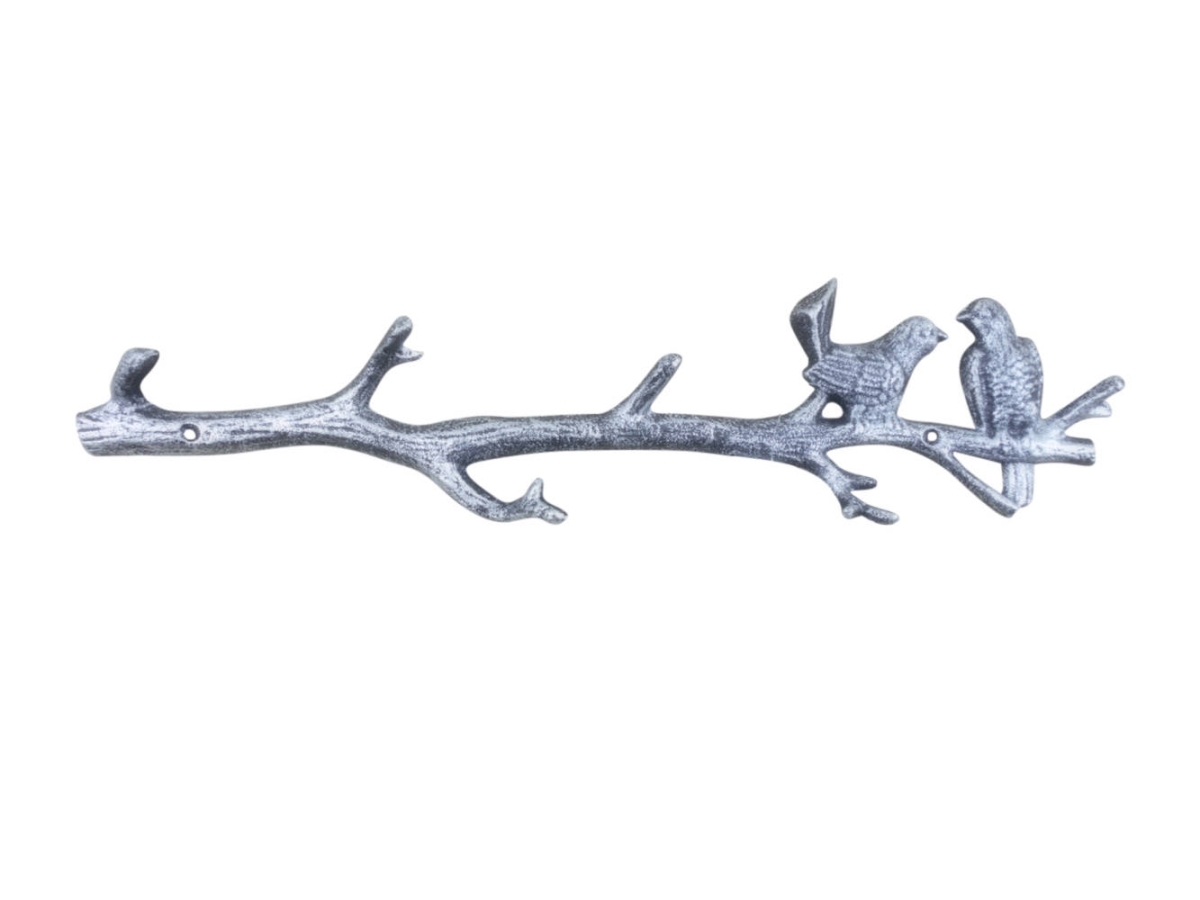 k-1299-silver 2 x 1 x 19 in. Rustic Silver Cast Iron Love Birds on a Tree Branch Decorative Metal Wall Hooks