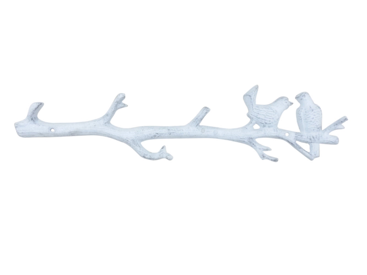 2 x 1 x 19 in. Whitewashed Cast Iron Love Birds on a Tree Branch Decorative Metal Wall Hooks