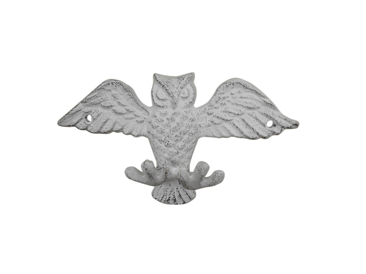 6 x 2 x 3.5 in. Whitewashed Cast Iron Flying Owl Decorative Metal Talons Wall Hooks