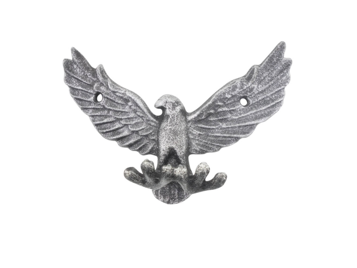K-9925-silver 6 x 2 x 3.5 in. Rustic Silver Cast Iron Flying Eagle Decorative Metal Talons Wall Hooks