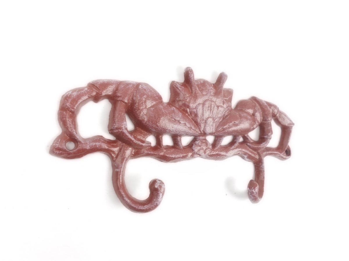 K-9927-ww-red 5 x 1.5 x 10.5 in. Whitewashed Red Cast Iron Decorative Crab Metal Wall Hooks -  Handcrafted Model Ships