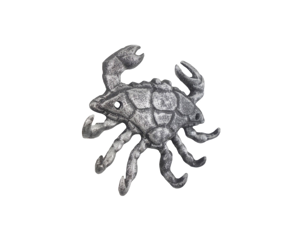 K-9928-silver 7 x 1.5 x 6 in. Rustic Silver Cast Iron Decorative Crab with Six Metal Wall Hooks