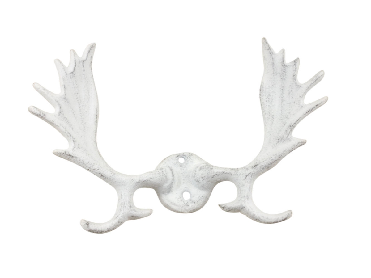 6 x 2 x 9 in. Whitewashed Cast Iron Moose Antlers Decorative Metal Wall Hooks