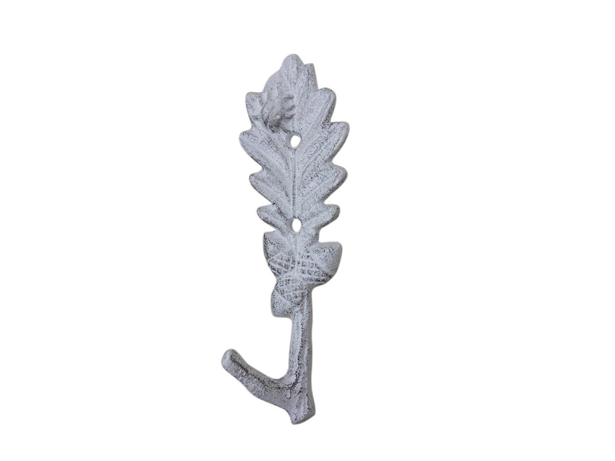 6.5 x 1.5 x 3 in. Whitewashed Cast Iron Oak Tree Leaf with Acorns Decorative Metal Tree Branch Hooks