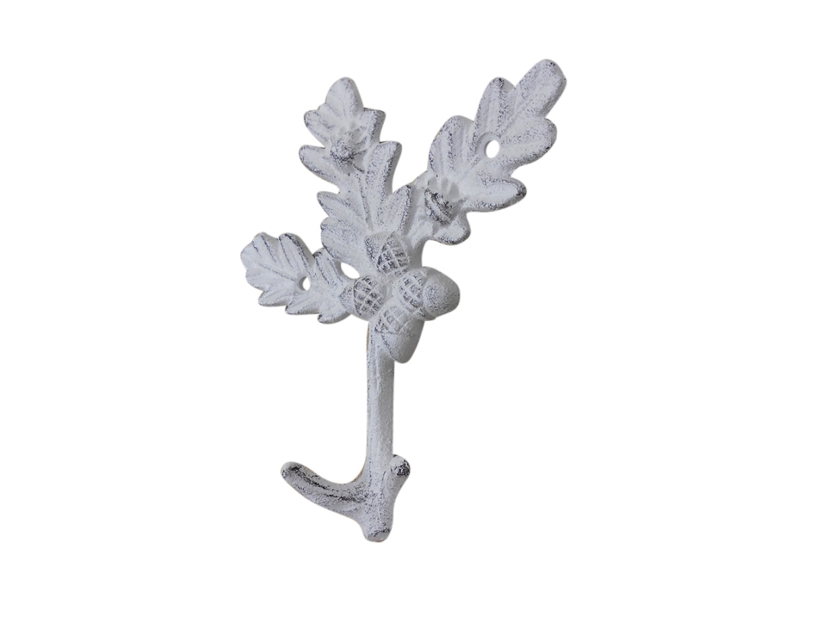6.5 x 1.5 x 4 in. Whitewashed Cast Iron Oak Tree Leaves with Acorns Decorative Metal Tree Branch Hooks