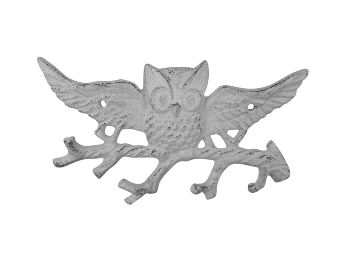 K-9923-w 4 x 1 x 7.5 in. Whitewashed Cast Iron Flying Owl Landing on a Tree Branch Decorative Metal Wall Hooks