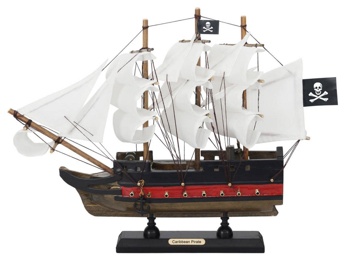 PLIM12-BP-W-CPir 9 x 2 x 12 in. Wooden Caribbean Pirate White Sails Limited Model Pirate Ship