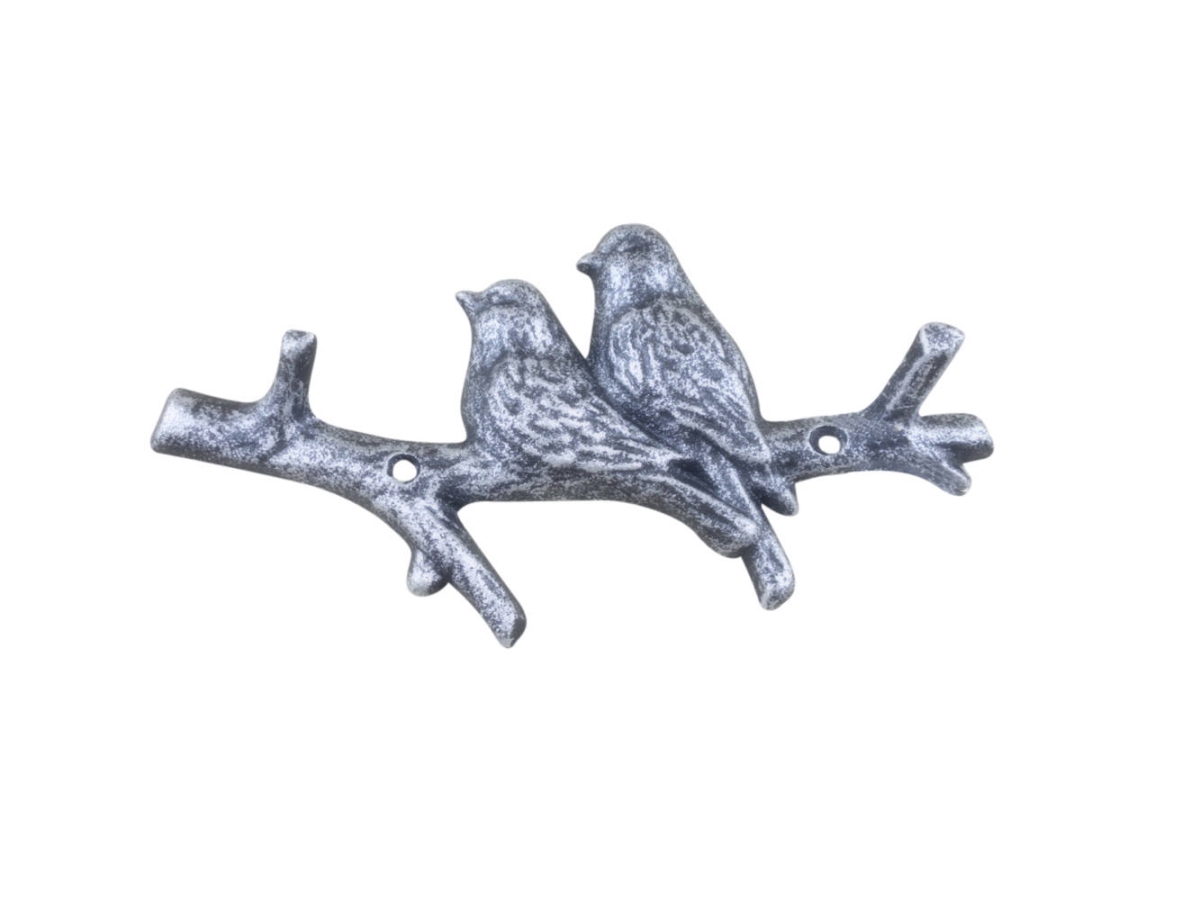 4 x 1 x 8 in. Rustic Silver Cast Iron Birds on Branch Decorative Metal Wall Hooks