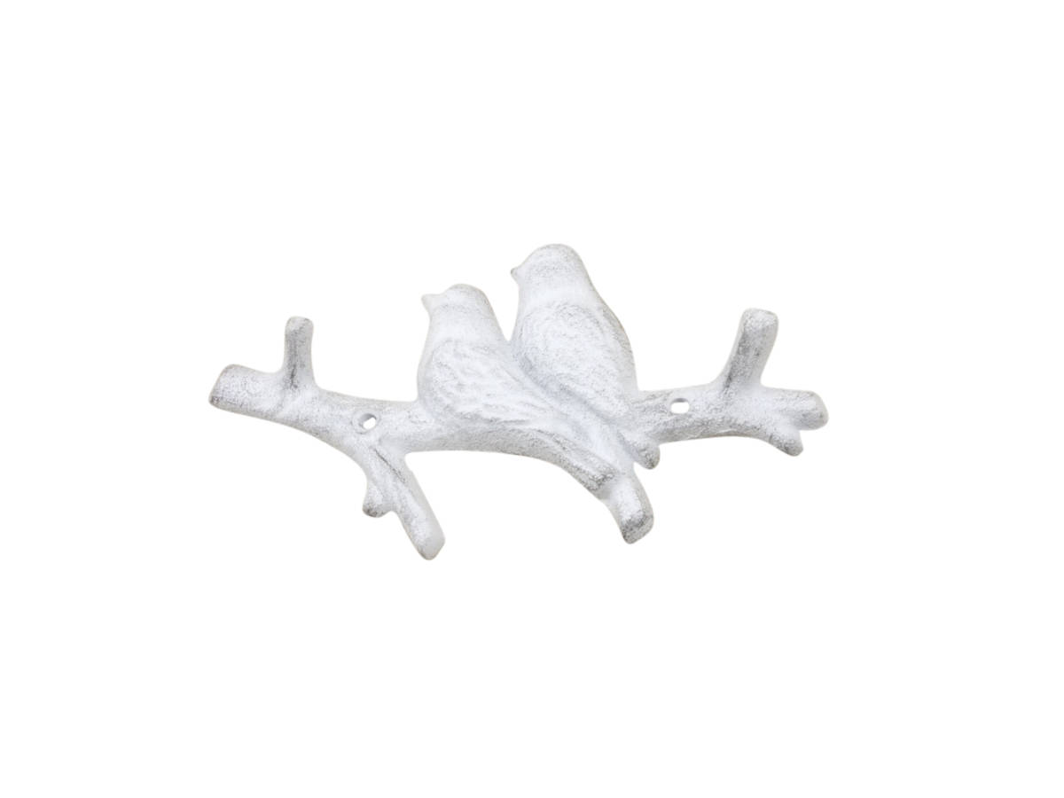 4 x 1 x 8 in. Whitewashed Cast Iron Birds on Branch Decorative Metal Wall Hooks