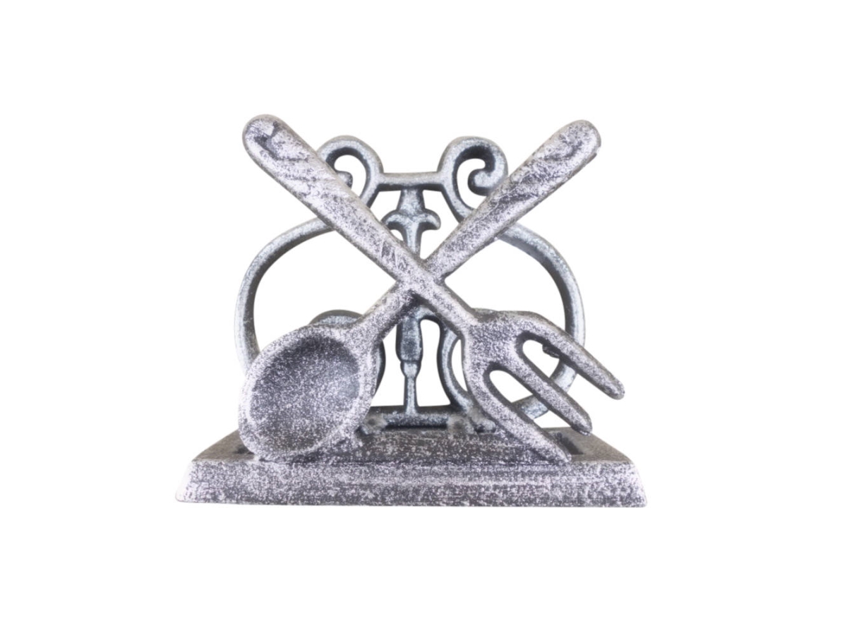 Picture of Handcrafted Model Ships k-9312-FS-silver 4.5 x 2.5 x 5 in. Rustic Silver Cast Iron Fork & Spoon Kitchen Napkin Holder