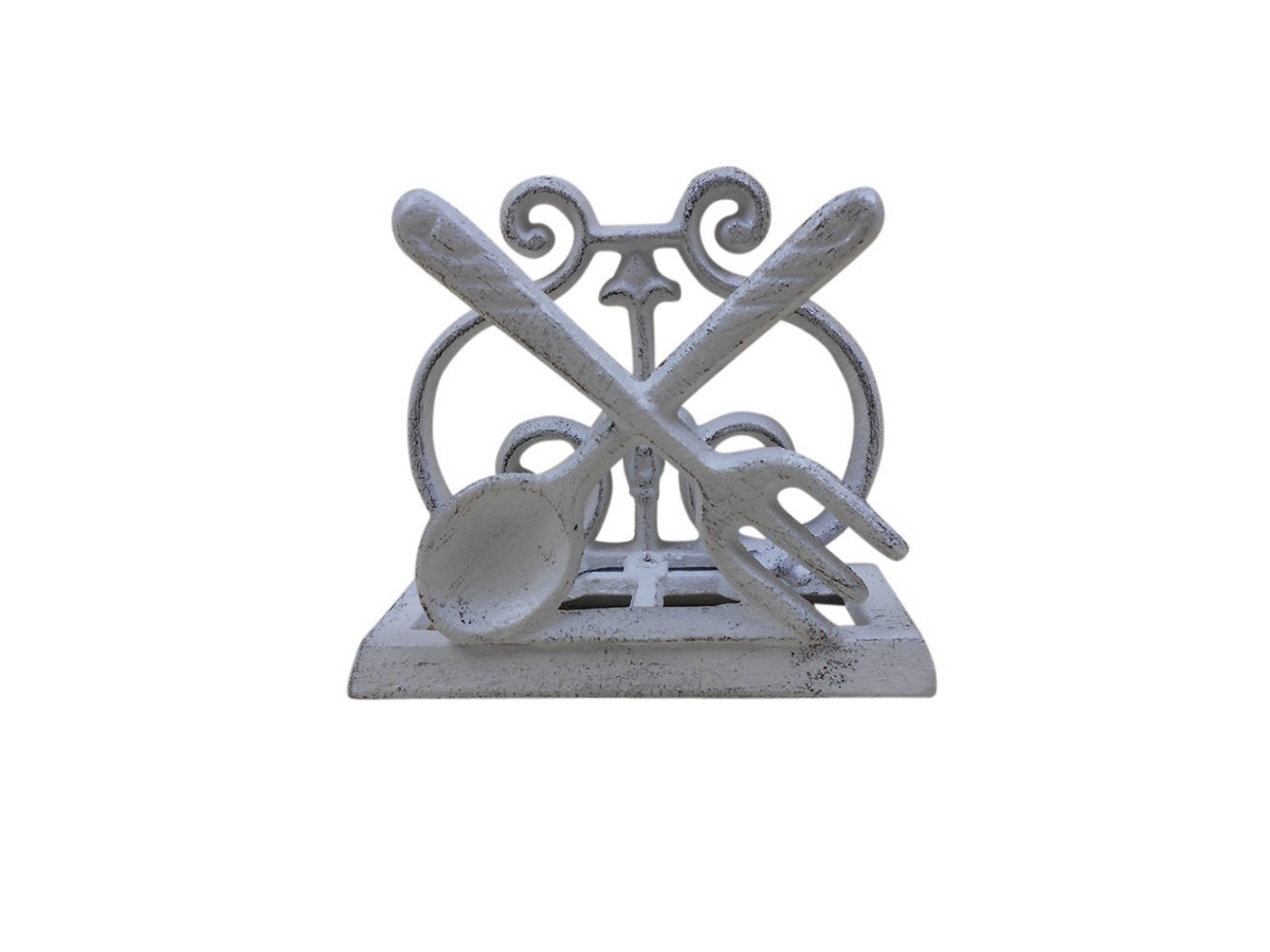 Picture of Handcrafted Model Ships k-9312-FS-w 4.5 x 2.5 x 5 in. Whitewashed Cast Iron Fork & Spoon Kitchen Napkin Holder