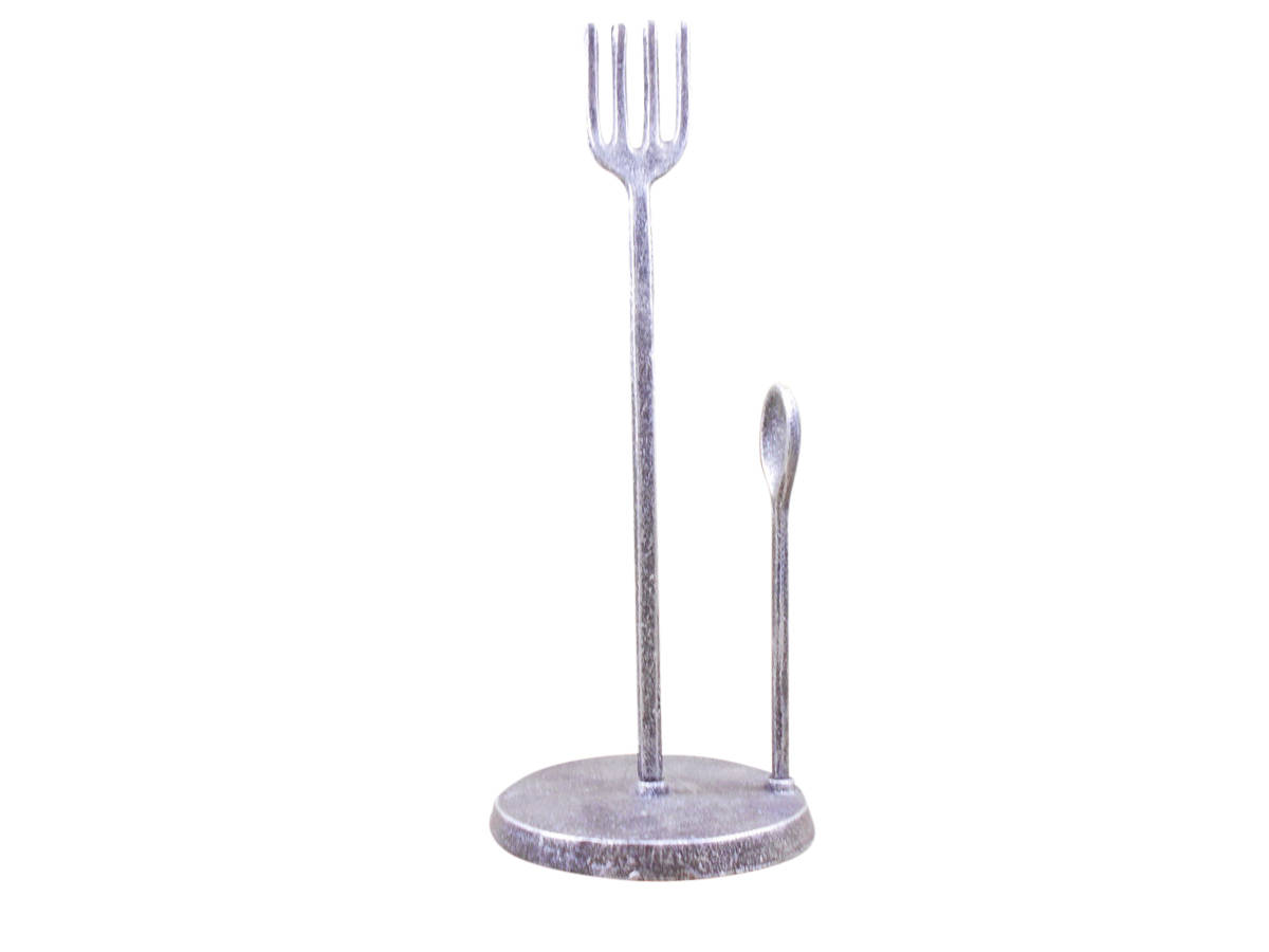 Picture of Handcrafted Model Ships k-9316-FS-silver 15 x 6 x 6 in. Rustic Silver Cast Iron Fork & Spoon Kitchen Paper Towel Holder