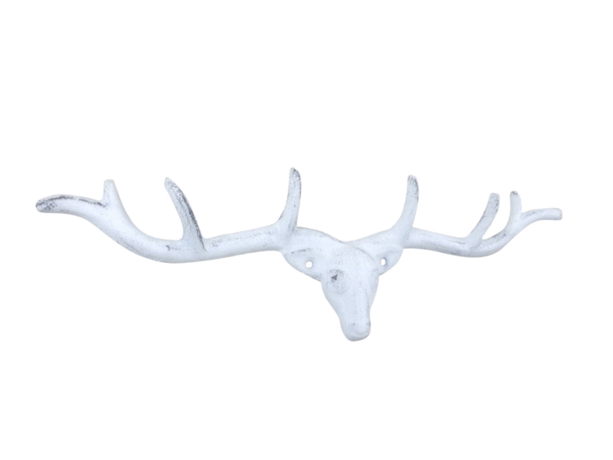 5 x 2 x 15 in. Whitewashed Cast Iron Large Deer Head Antlers Decorative Metal Wall Hooks