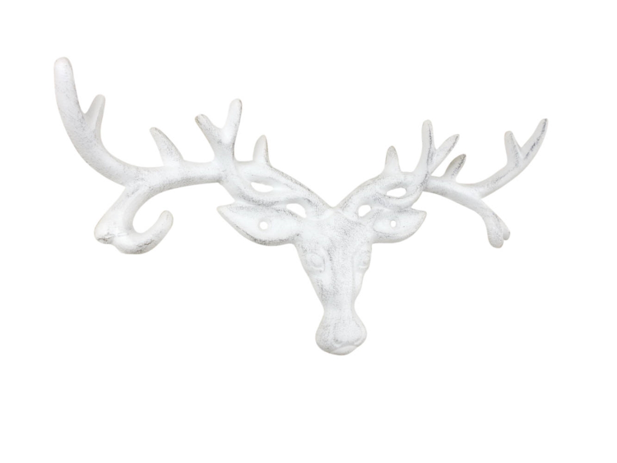 k-9340A-w 6.5 x 2 x 13 in. Whitewashed Cast Iron Deer Head Antlers Decorative Metal Wall Hooks