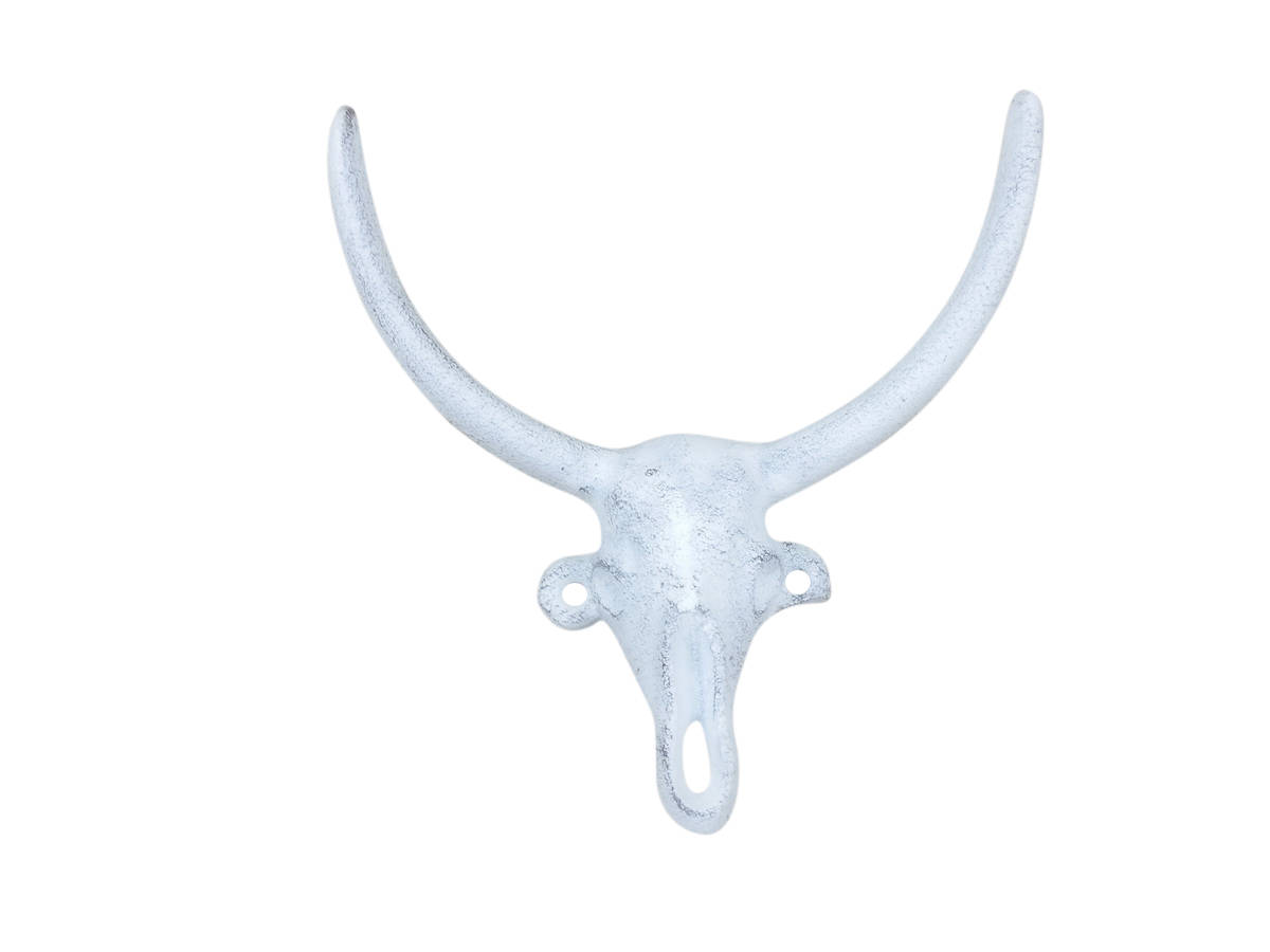 6 x 2 x 6 in. Whitewashed Cast Iron Bull Head Skull Decorative Metal Wall Hooks