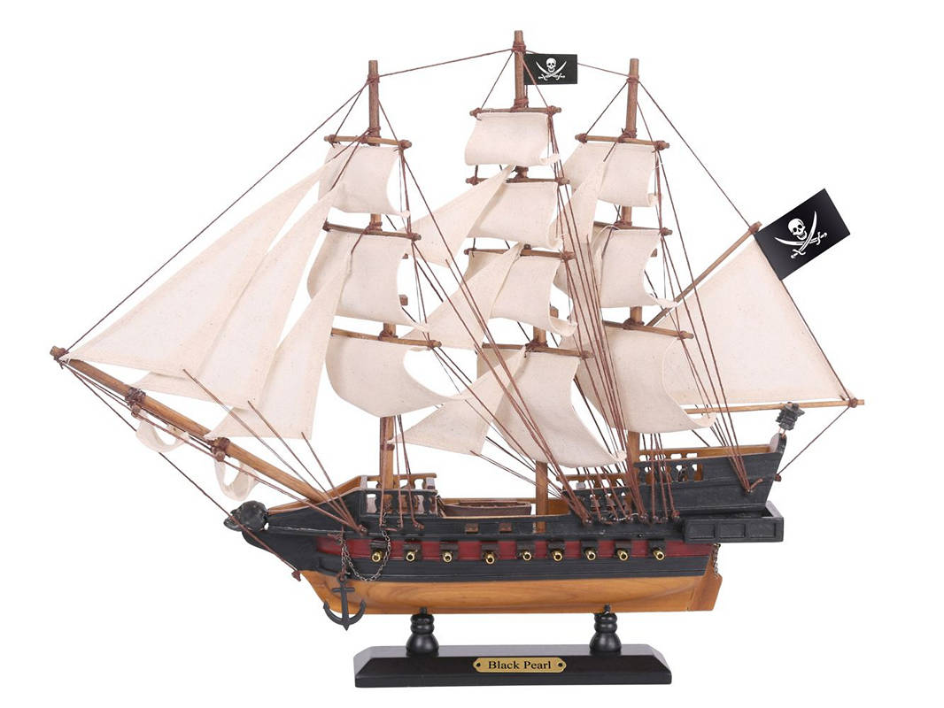 Black-Pearl-15-Lim-White-Sails 15 in. Wooden Black Pearl Sails Limited Model Pirate Ship, White