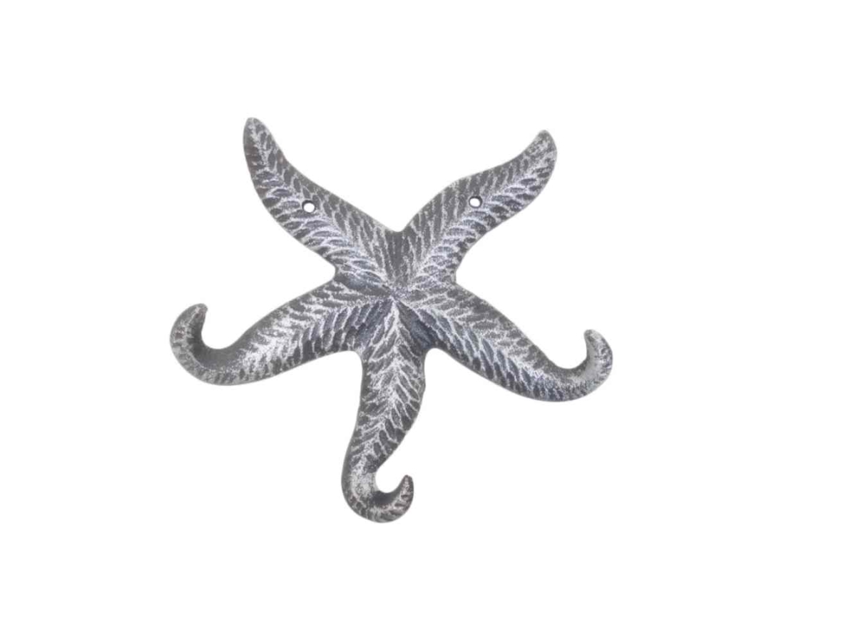 K-9963-silver 8 in. Cast Iron Wall Mounted Decorative Metal Starfish Triple Hook, Rustic Silver