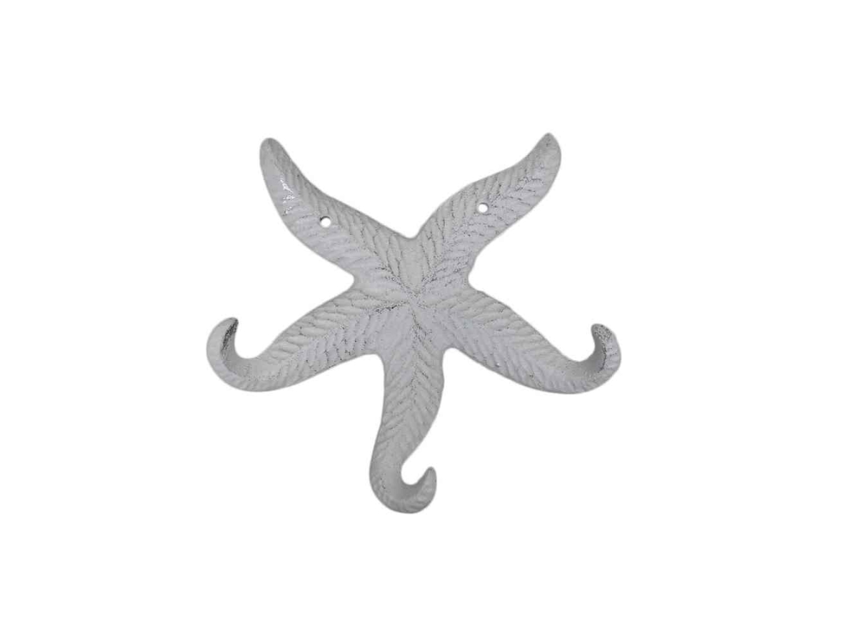 K-9963-w 8 in. Cast Iron Wall Mounted Decorative Metal Starfish Triple Hook, Rustic Whitewashed