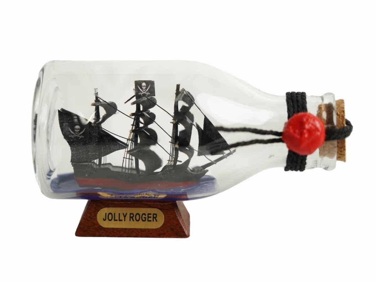 Picture of Handcrafted Model Ships Jolly-Roger-Bottle-5 5 x 3 x 3 in. Captain Hooks Jolly Roger Peter Pan Pirate Ship in Glass Bottle