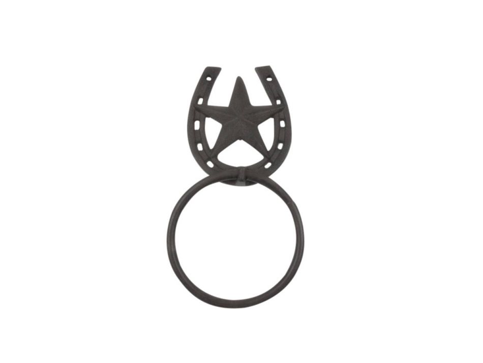 k-0651A-cast-iron 8.5 x 2 x 5 in. Cast Iron Barn Star & Horseshoe Kitchen Bath Towel Ring