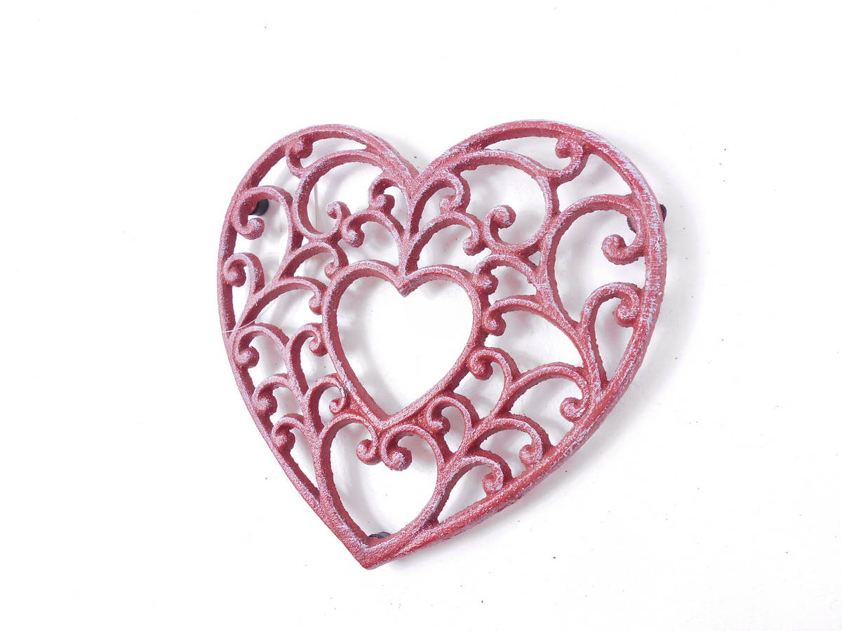 Picture of Handcrafted Model k-0215-ww-red 8 x 1 x 7 in. Whitewashed Cast Iron Decorative Heart Kitchen Trivet&#44; Rustic Red
