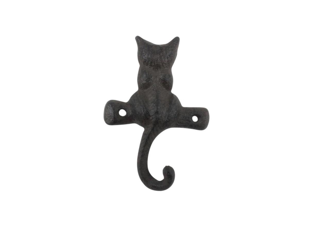 k-0690-cast-iron 4 x 1 x 3 in. Cast Iron Cat on a Branch with Tail Decorative Metal Wall Hook