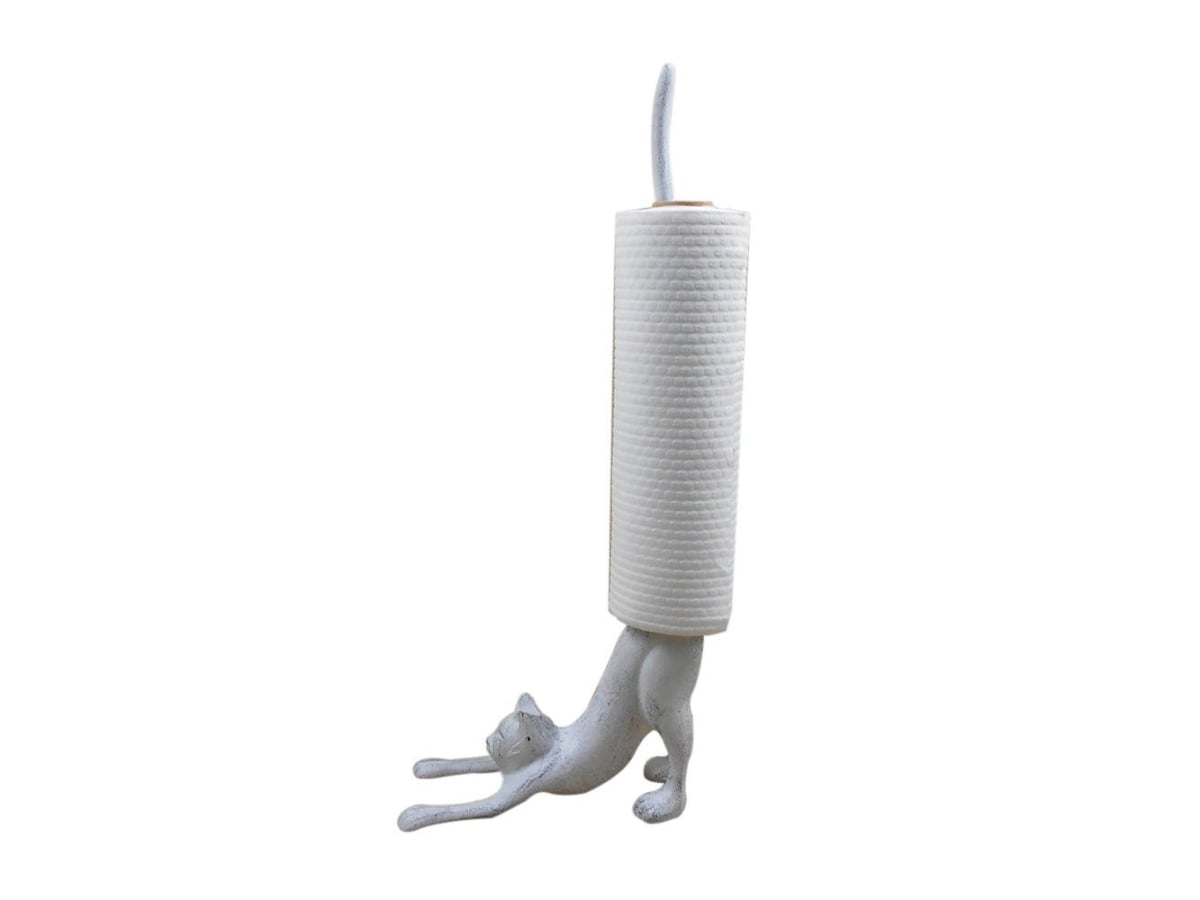 Picture of Handcrafted Model Ships K-9812-w Whitewashed Cast Iron Yoga Cat Kitchen Paper Towel Holder, 19 in.