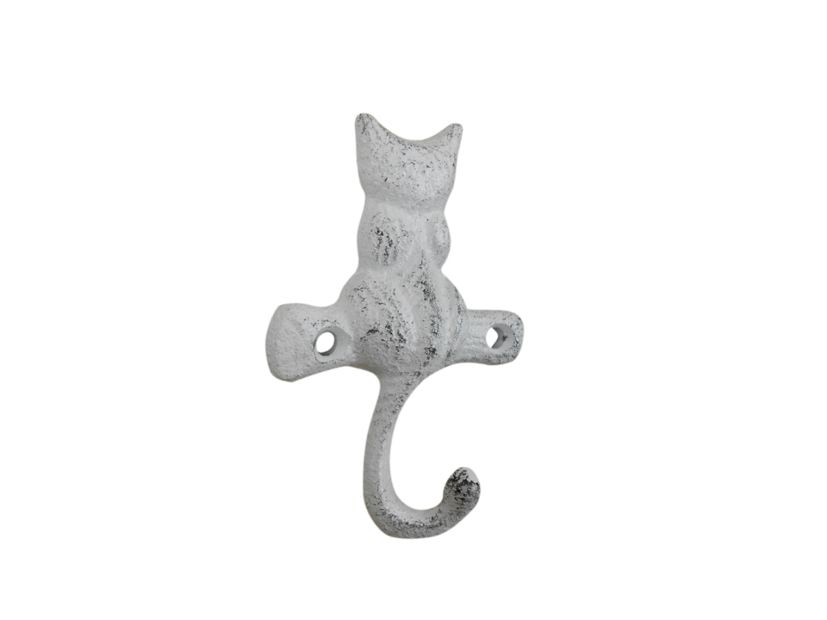 K-0690-w 4 x 1 x 3 in. Whitewashed Cast Iron Cat on a Branch with Tail Decorative Metal Wall Hook