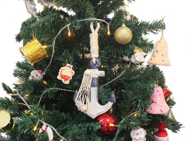 Anchor-301-XMASS Wooden Rustic Decorative Blue & White Anchor Christmas Tree Ornament