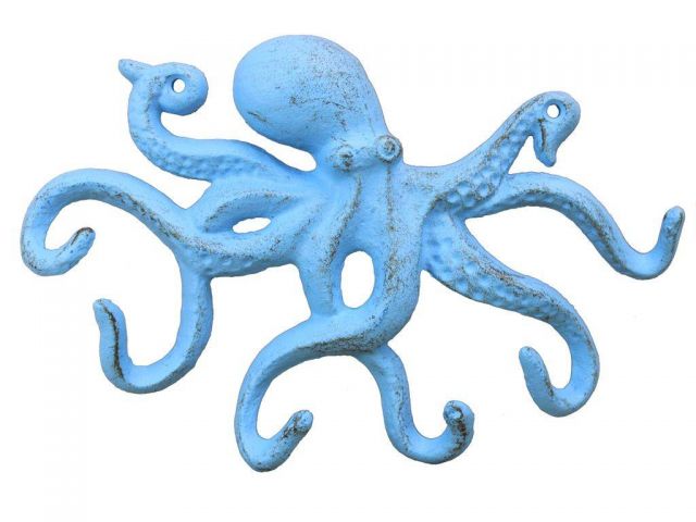 k-0942-solid-light-blue 11 in. Rustic Cast Iron Octopus Hook - Light Blue