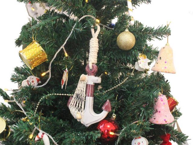 Anchor-302-XMASS Wooden Rustic Decorative Red & White Anchor Christmas Tree Ornament