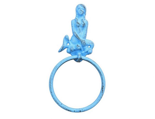8.5 in. Rustic Light Blue Cast Iron Mermaid Towel Holder