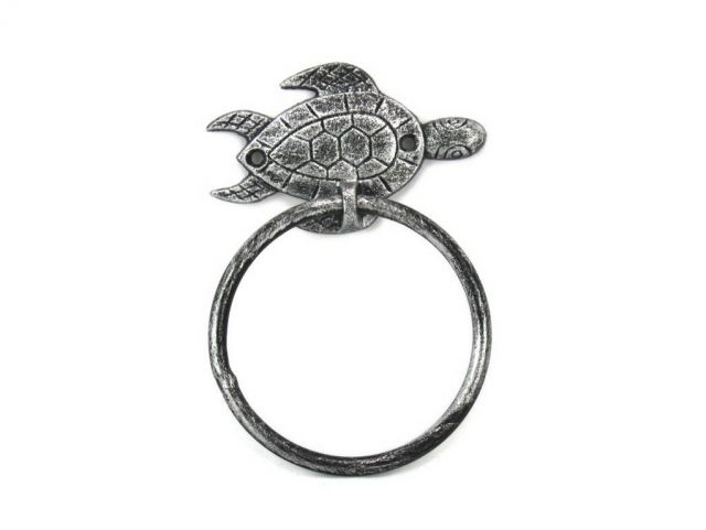 K-9008-silver 7 in. Antique Silver Cast Iron Sea Turtle Towel Holder
