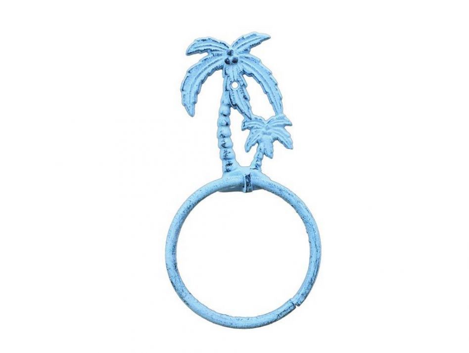 K-9009-dark-blue 9 in. Whitewashed Cast Iron Palm Tree Towel Holder - Dark Blue