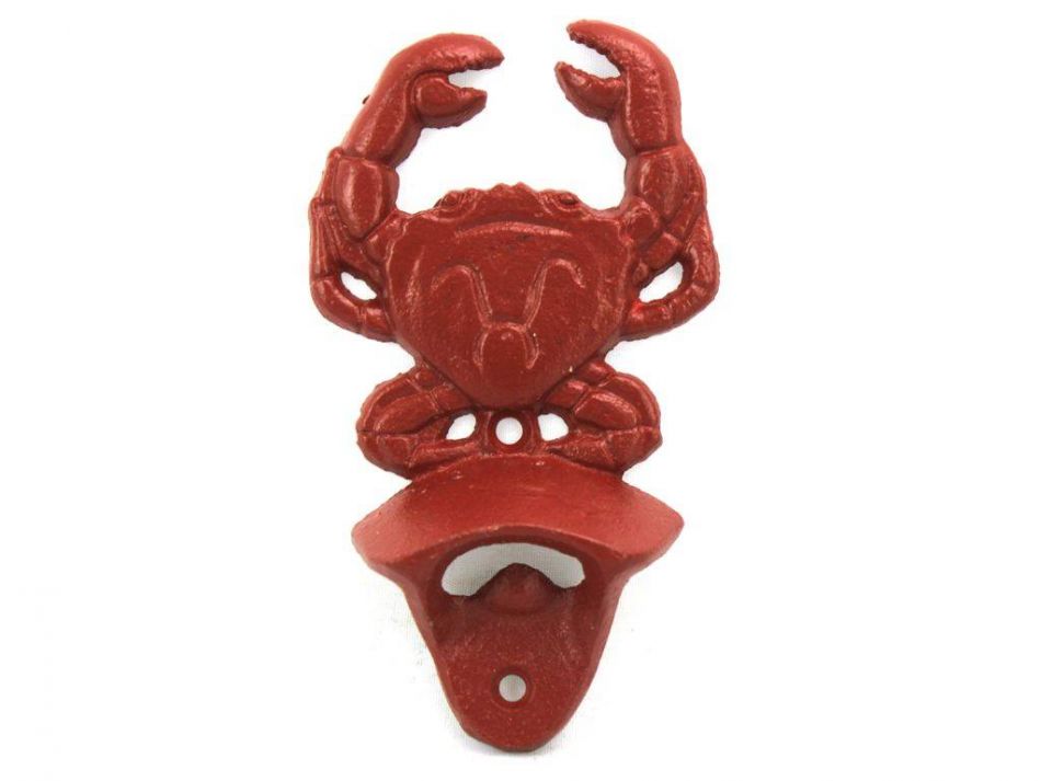 K-9112-ww-red 6 in. Whitewashed Cast Iron Wall Mounted Crab Bottle Opener - Red -  Handcrafted Model Ships