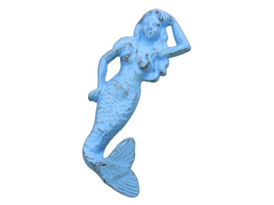 6 in. Rustic Cast Iron Mermaid Hook - Light Blue