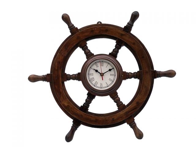 12 in. Deluxe Class Wood & Ship Steering Wheel Clock - Antique Copper