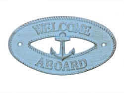 Picture of Handcrafted Model Ships K-9308-solid-light-blue 8 in. Rustic Cast Iron Welcome Aboard with Anchor Sign- Light Blue