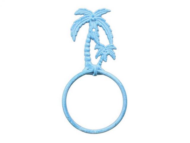 Picture of Handcrafted Model Ships K-9009-light-blue 9 in. Light Blue Whitewashed Cast Iron Palm Tree Towel Holder