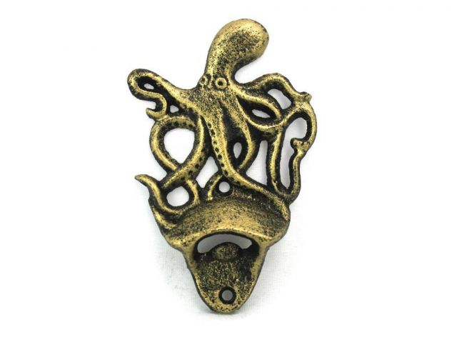 Picture of Handcrafted Model Ships K-9116-gold 6 in. Antique Gold Cast Iron Wall Mounted Octopus Bottle Opener