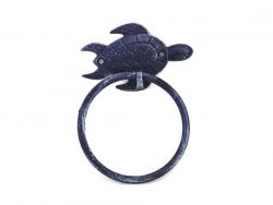 K-9008-solid-dark-blue 7 in. Rustic Cast Iron Sea Turtle Towel Holder - Dark Blue