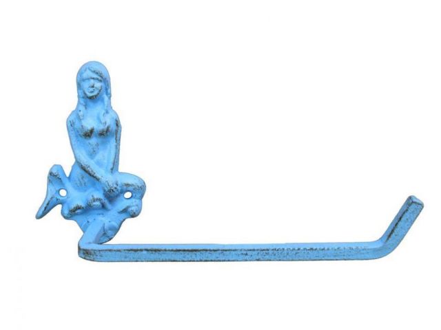 Picture of Handcrafted Model Ships K-9212-dark-blue 10 in. Dark Blue Whitewashed Cast Iron Mermaid Toilet Paper Holder