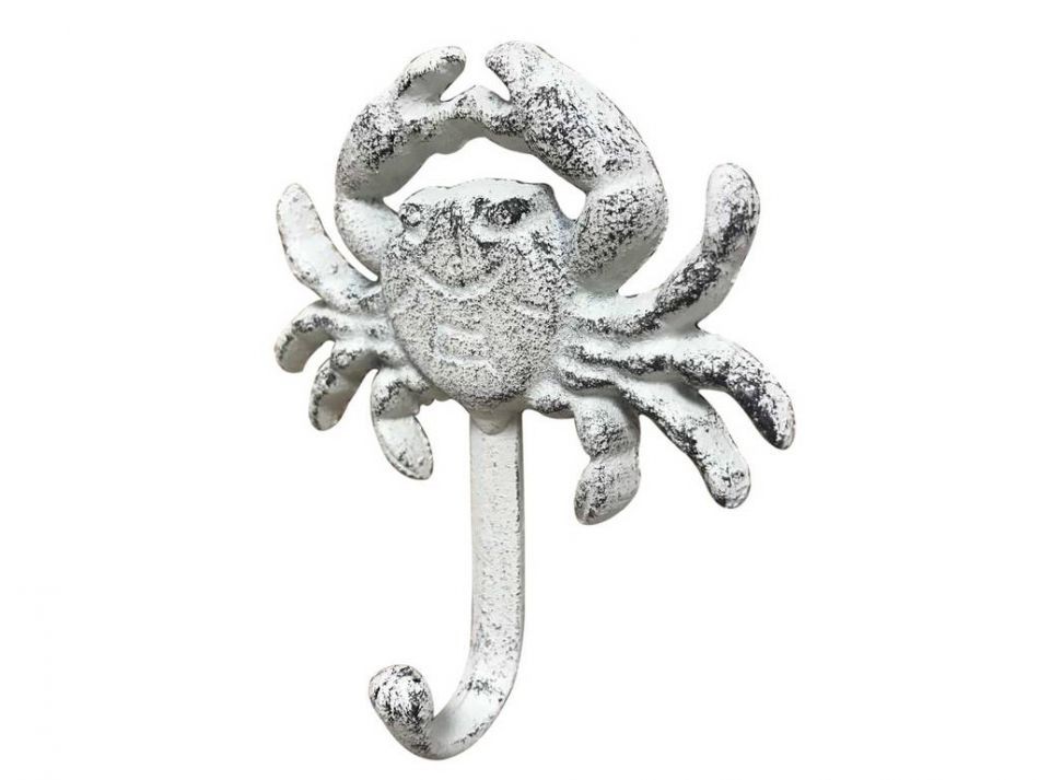 5 in. Rustic Whitewashed Cast Iron Wall Mounted Crab Hook, White