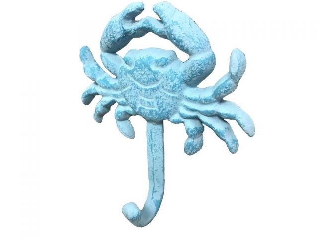 5 in. Rustic Whitewashed Cast Iron Wall Mounted Crab Hook - Light Blue