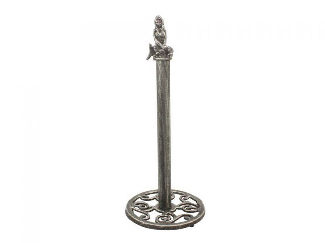 16 in. Antique Cast Iron Mermaid Extra Toilet Paper Stand, Silver