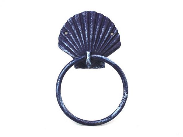 Picture of Handcrafted Model Ships k-0102f-solid-dark-blue 8.5 in. Rustic Dark Blue Cast Iron Seashell Towel Holder