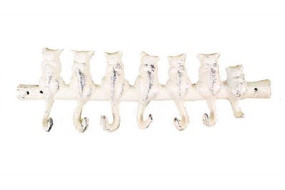 13 in. Whitewashed Cast Iron Cat Wall Hooks