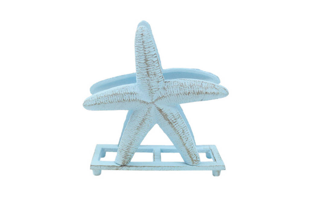 Rustic Light Blue Cast Iron Starfish Napkin Holder, 6 in.